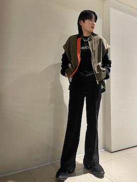 「Risley（リズレー）の【別注】Risley/リズレー/レースフレアーブルゾン（ブルゾン、グリーン系）」を使った、yumekaさん（レディース・160cm）の春コーディネート