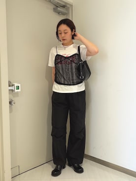 「KBF（ケイビーエフ）のフロッキーロゴTEE（Tシャツ/カットソー、ホワイト系）」を使った、咲弥さん（レディース・163cm）の夏コーディネート