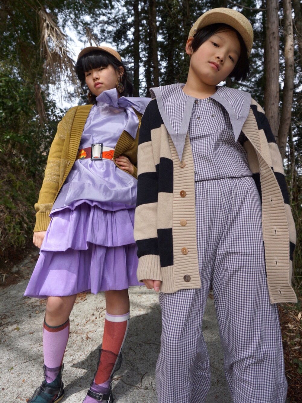 「カーディガン、春コーデ、ボーダー、春服、ギンガムチェック、パープル、セットアップ、パンツスタイル、スカート、麦わら帽子、ハット、休日コーデ、パステル映える春、シャツスタイル、春ニット」｜「Caroline Bosmansのアイテム（スカート、パープル系）」を使った、MAN♡N / OKIさん（キッズ・134cm）の春コーディネートの1枚目の写真