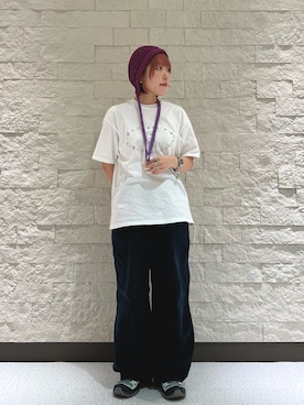 「アイテム（ニットキャップ/ビーニー、パープル系）」を使った、tsukushiさん（レディース・157cm）の夏コーディネート