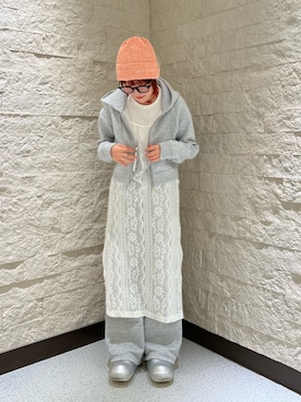 「アイテム（ニットキャップ/ビーニー、ピンク系）」を使った、tsukushiさん（レディース・157cm）の冬コーディネート