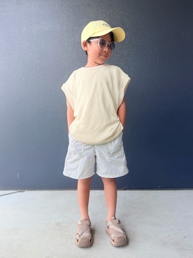 「LOWRYS FARM（ローリーズファーム）の【Smart Price】ベーシックタンクトップ（タンクトップ、ホワイト系）」を使った、muguさん（キッズ・110cm）の夏コーディネート