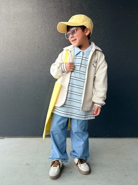 「LOWRYS FARM（ローリーズファーム）の【KIDS】Monday Sleeping Club マルチボーダーポロ  661483（ポロシャツ、ブルー系）」を使った、muguさん（キッズ・110cm）の春コーディネート