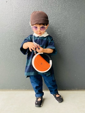 「ラガーシャツ」｜「アイテム（ニットキャップ/ビーニー）」を使った、muguさん（キッズ・80cm）の秋コーディネート