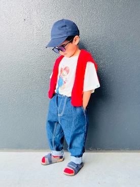 「DAISO（DAISO）のアイテム（キャップ）」を使った、muguさん（キッズ・90cm）の夏コーディネート