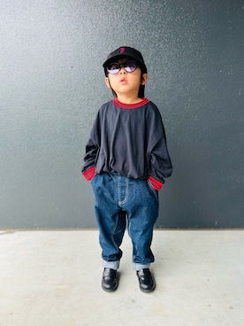 「DAISO（DAISO）のアイテム（キャップ）」を使った、muguさん（キッズ・90cm）の秋コーディネート