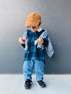 「ラガーシャツ」｜「アイテム（デニムジャケット）」を使った、muguさん（キッズ・80cm）の秋コーディネート