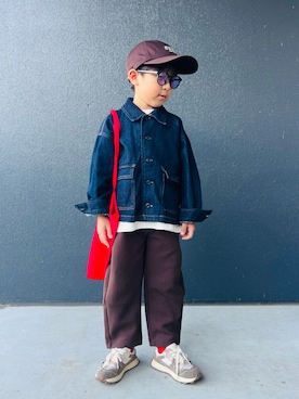 「アイテム（デニムジャケット）」を使った、muguさん（キッズ・110cm）の秋コーディネート
