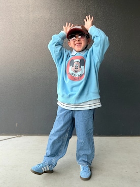 「Bambin（ボンバン）の【 Bambin / ボンバン 】 バイカラー 英字 刺繍 キャップ（キャップ、ブラウン系）」を使った、muguさん（キッズ・110cm）の春コーディネート