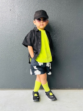 「DAISO（DAISO）のアイテム（キャップ）」を使った、muguさん（キッズ・90cm）の夏コーディネート