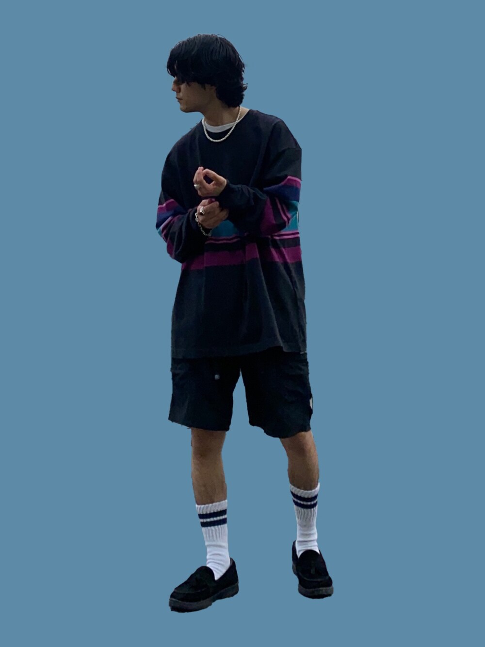 「ビッグシルエット、リーバイス」｜「Levi'sの【Levi's】マルチボーダーロンＴ（Tシャツ/カットソー、ブラック系）」を使った、shoki1997rさん（メンズ・167cm）の秋コーディネートの1枚目の写真