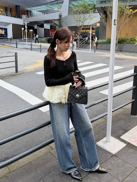 「Heather（ヘザー）のキルティングフラップBAG　1092196（ショルダーバッグ、ブラック系）」を使った、marikoさん（レディース・166cm）の秋コーディネート