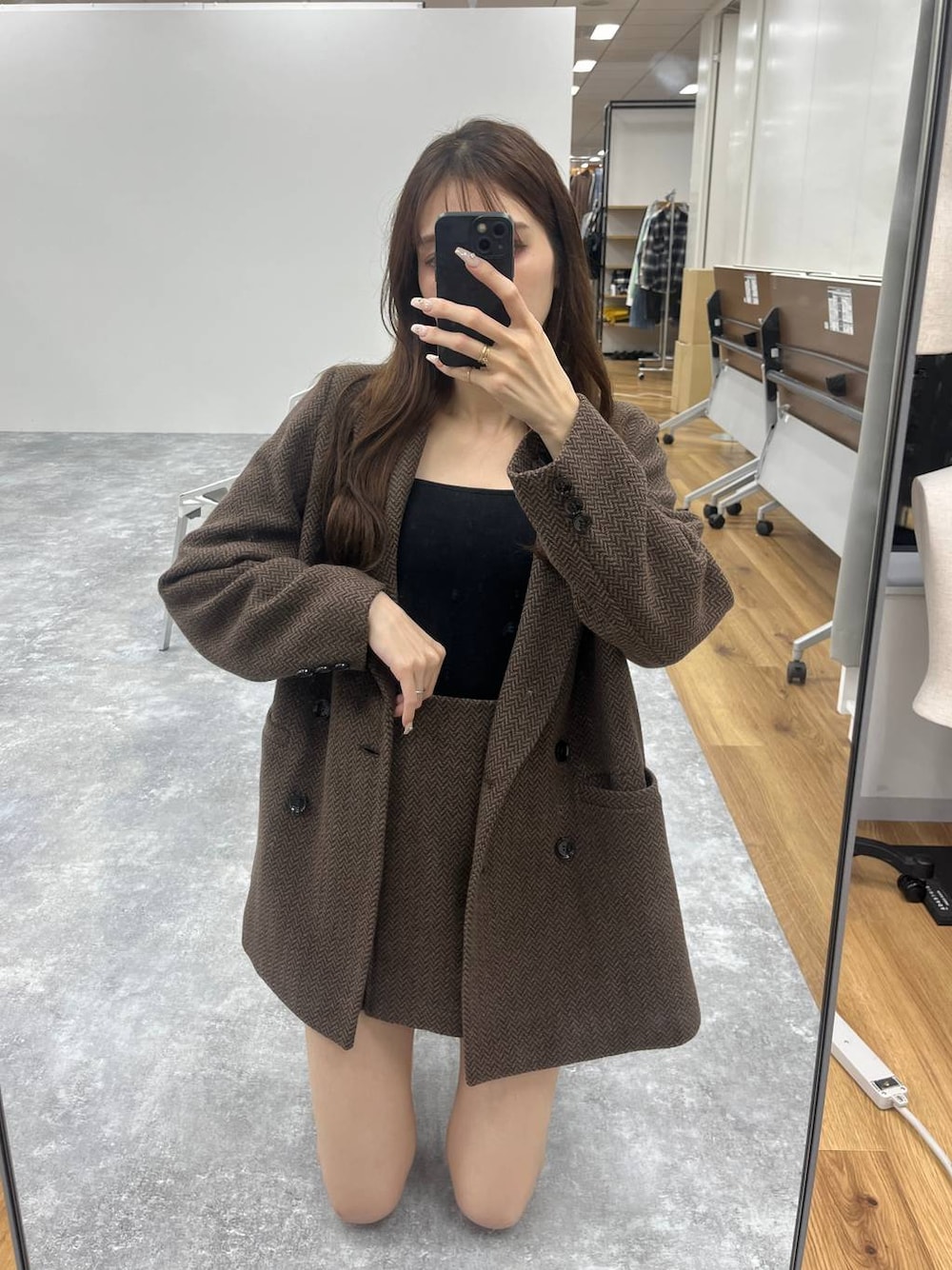 「きれいめ、高身長、ヘルシー、セットアップ、ジャケット、ジャケットスタイル、インナー、キャミソール」｜「HeatherのWinter Big Jacket　144344（テーラードジャケット、ブラウン系）」を使った、marikoさん（レディース・166cm）の夏コーディネートの1枚目の写真
