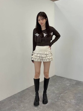 「Heather（ヘザー）のボリュームフリルミニスカート　1063911（スカート、ホワイト系）」を使った、marikoさん（レディース・166cm）の秋コーディネート