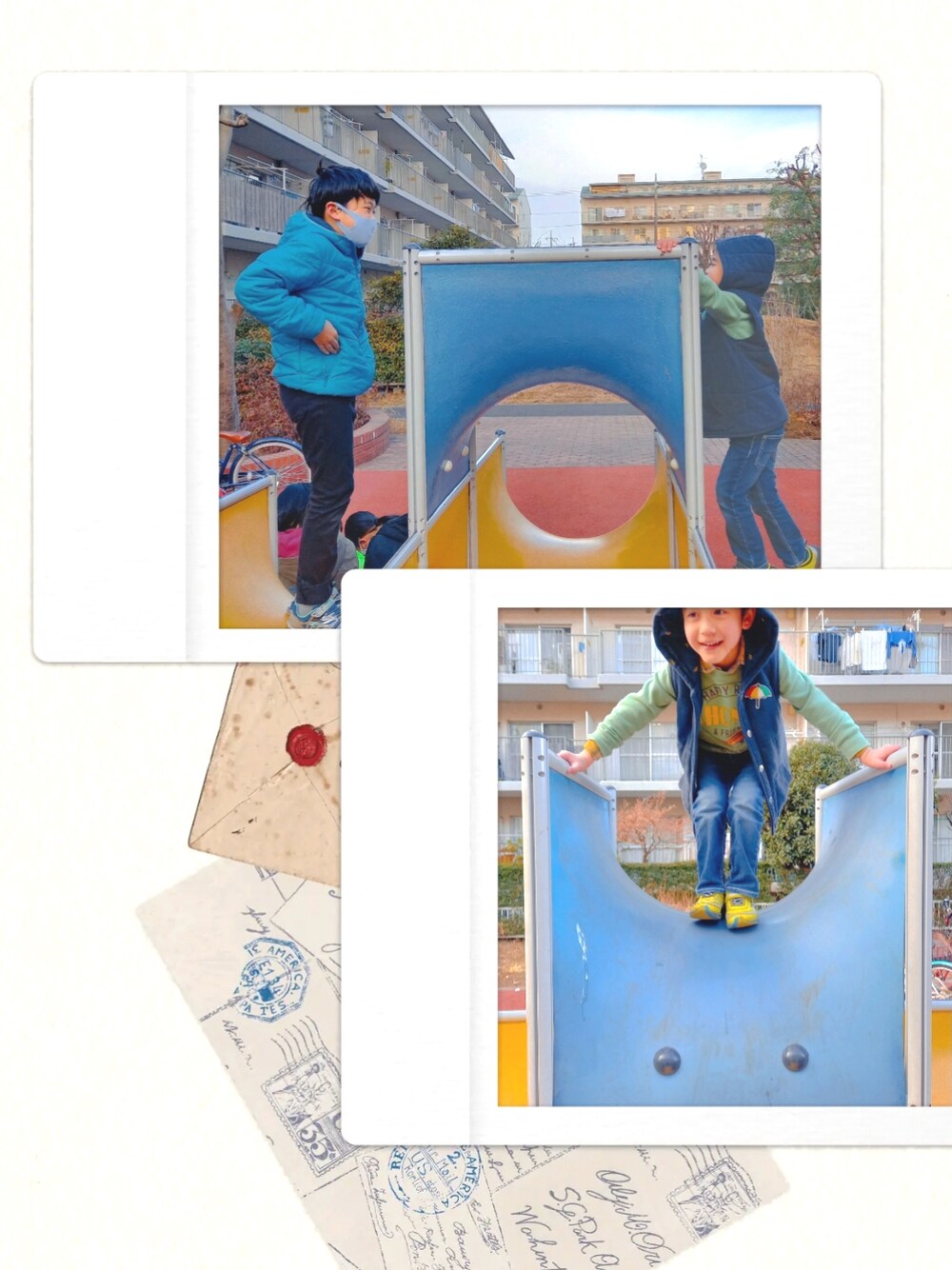 ブルー系のダウンベスト、ブルー系のTシャツ/カットソー、レッド系のシャツ/ブラウスを着用したキッズの冬コーディネートの3枚目の写真