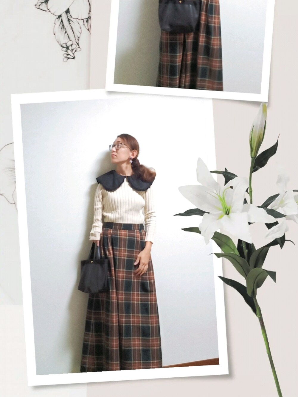 ベージュ系のニット/セーター、ブラック系のTシャツ/カットソー、ブラック系のトートバッグを着用したレディースの秋コーディネートの1枚目の写真