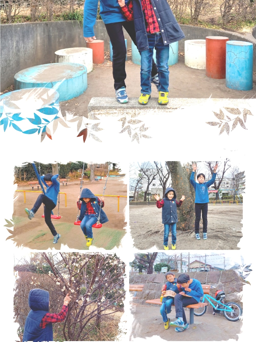 ブルー系のダウンベスト、ブルー系のTシャツ/カットソー、レッド系のシャツ/ブラウスを着用したキッズの冬コーディネートの4枚目の写真