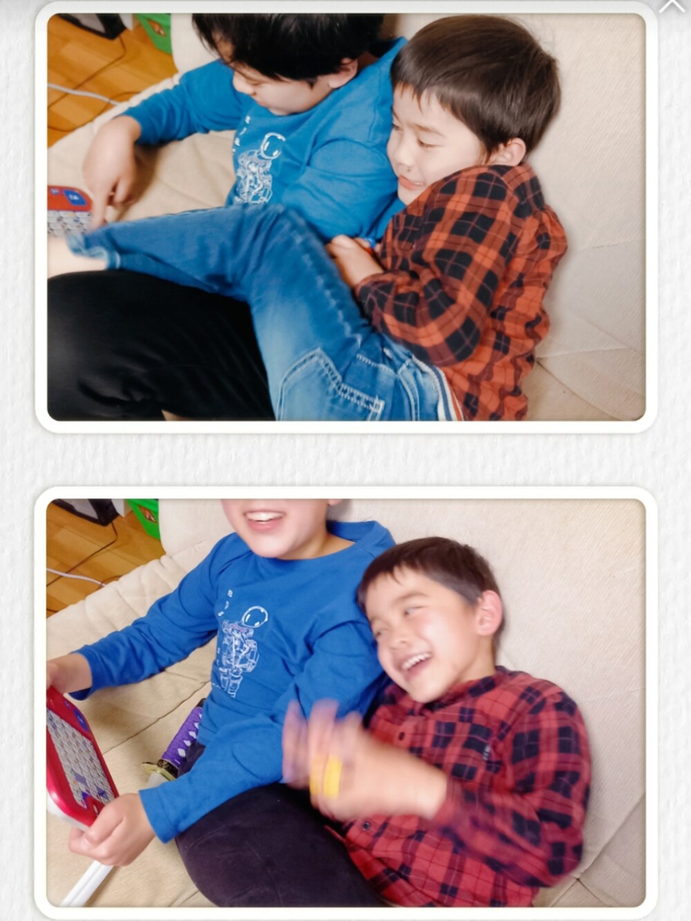 ブルー系のダウンベスト、ブルー系のTシャツ/カットソー、レッド系のシャツ/ブラウスを着用したキッズの冬コーディネートの2枚目の写真