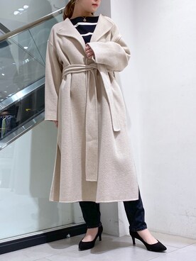 「ボーダートップス」｜「アイテム（ノーカラーコート）」を使った、nana.さん（レディース・158cm）の秋コーディネート
