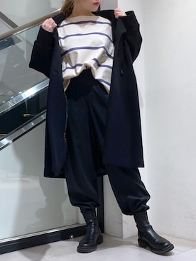 「黒コーデ」｜「アイテム（チェスターコート）」を使った、nana.さん（レディース・158cm）の冬コーディネート