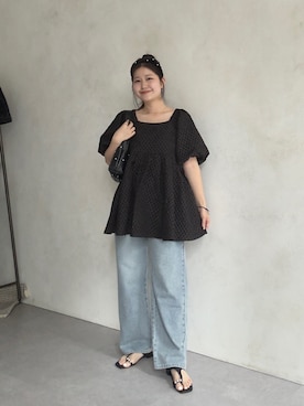 「prose verse（プロズヴェール）のTストラップトングサンダル（サンダル、ブラック系）」を使った、MIOさん（レディース・158cm）の春コーディネート