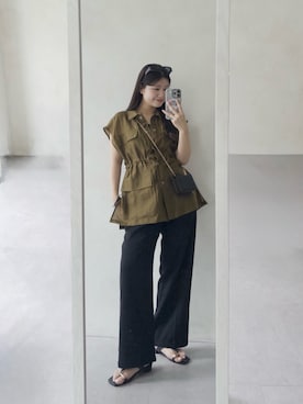 「prose verse（プロズヴェール）のハイウエストセンタープレスタックパンツ（スラックス、ブラック系）」を使った、MIOさん（レディース・158cm）の夏コーディネート
