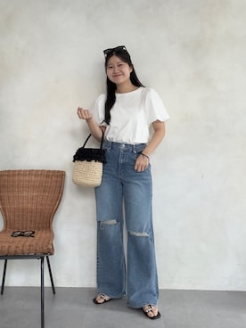 「prose verse（プロズヴェール）の【MOMO】ダメージストレッチストレートデニム（デニムパンツ、ブルー系）」を使った、MIOさん（レディース・158cm）の春コーディネート
