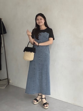 「prose verse（プロズヴェール）のオーガンジーフリルパールかごバッグ（かごバッグ、ベージュ系）」を使った、MIOさん（レディース・158cm）の春コーディネート