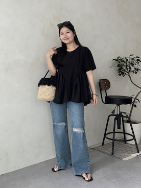 「prose verse（プロズヴェール）のオーガンジーフリルパールかごバッグ（かごバッグ、ベージュ系）」を使った、MIOさん（レディース・158cm）の春コーディネート