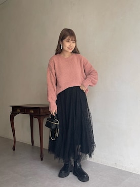 「prose verse（プロズヴェール）のパールボタン2WAYシャギーニットカーデ（カーディガン/ボレロ）」を使った、MIOさん（レディース・158cm）の秋コーディネート