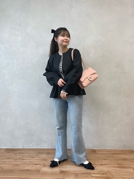 「ぺプラムトップス」｜「アイテム（ライダースジャケット）」を使った、MIOさん（レディース・158cm）の秋コーディネート