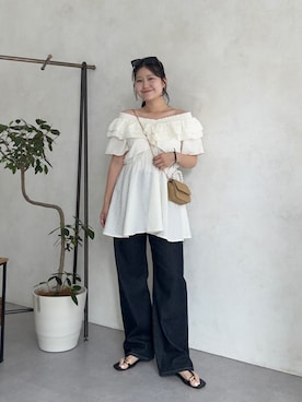 「prose verse（プロズヴェール）のTストラップトングサンダル（サンダル、ブラック系）」を使った、MIOさん（レディース・158cm）の夏コーディネート