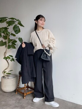 「巾着バッグ」｜「アイテム（チェスターコート）」を使った、MIOさん（レディース・158cm）の冬コーディネート
