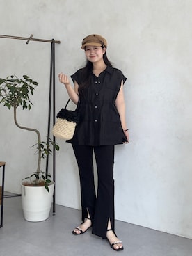 「prose verse（プロズヴェール）のオーガンジーフリルパールかごバッグ（かごバッグ、ベージュ系）」を使った、MIOさん（レディース・158cm）の夏コーディネート