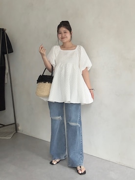 「prose verse（プロズヴェール）のオーガンジーフリルパールかごバッグ（かごバッグ、ベージュ系）」を使った、MIOさん（レディース・158cm）の春コーディネート