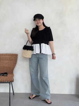 「prose verse（プロズヴェール）のTストラップトングサンダル（サンダル、ブラック系）」を使った、MIOさん（レディース・158cm）の春コーディネート