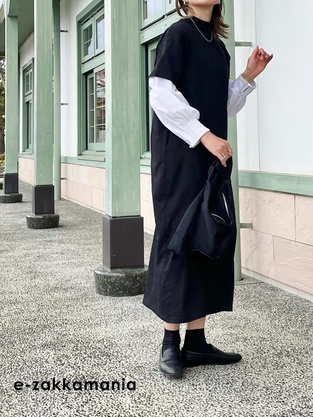 「イーザッカマニアストアーズ、着回しコーデ、レイヤードコーデ、ボレロ、ベスト、春服、神戸ファッション、PR、ロングワンピース、ワンヒース、夏服、おでかけコーデ」｜「e-zakkamania storesのアイテム（ワンピース/ドレス、ブラック系）」を使った、たろ☺︎さん（骨格ナチュラル・レディース・165cm）の春コーディネートの1枚目の写真