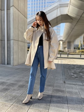 「ロングヘア」｜「アイテム（ステンカラーコート）」を使った、shihoさん（レディース・158cm）の春コーディネート