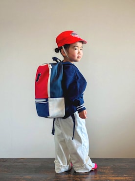 「CARROT（キャロット）の【MoonStar／ムーンスター】CR ST11 2E 上履き（スリッポン、レッド系）」を使った、KOOOさん（キッズ・90cm）の春コーディネート