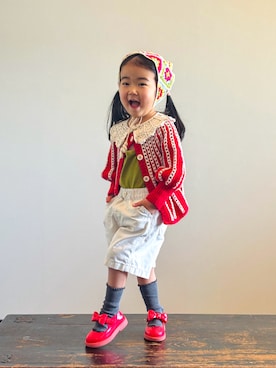 「Piet（ピエット）の裾メロウ バッククロス キャミソール（キャミソール、グリーン系）」を使った、KOOOさん（キッズ・90cm）の春コーディネート