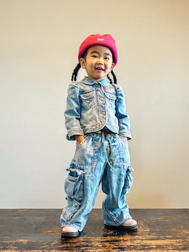 「アイテム（ニットキャップ/ビーニー）」を使った、KOOOさん（キッズ・90cm）の秋コーディネート