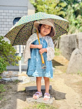 「mina perhonen（ミナペルホネン）のパフスリーブワンピース(生地:mina perhonen)（ワンピース、ブルー系）」を使った、KOOOさん（キッズ・90cm）の夏コーディネート