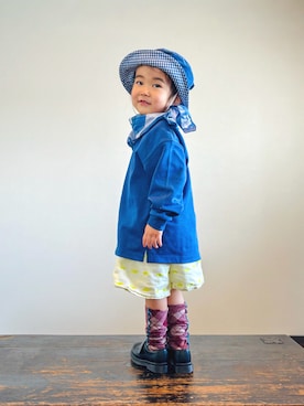 「UNIQLO（ユニクロ）のエアリズムコットンクルーネックTシャツ（Tシャツ/カットソー）」を使った、KOOOさん（キッズ・90cm）の秋コーディネート