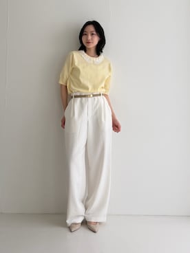 「URBAN RESEARCH ROSSO（アーバンリサーチロッソ）の『WEB限定』2WAYレースカラーニット（ニット/セーター、イエロー系）」を使った、美波さん（レディース・158cm）の春コーディネート