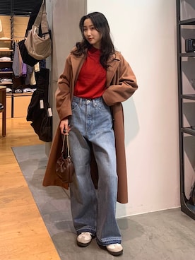 「アイテム（チェスターコート）」を使った、美波さん（レディース・158cm）の冬コーディネート