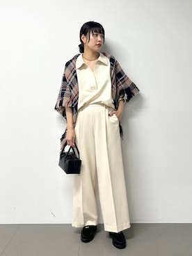 「BARNYARDSTORM（バンヤードストーム）のBARNYARDSTORM / マシュマロワイドパンツ【撥水・セットアップ対応】（スラックス）」を使った、LINさん（レディース・164cm）の秋コーディネート