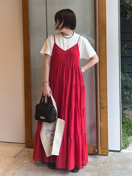 ティアードキャミワンピース 赤 コットンメッシュ ティアードキャミワンピースレッド