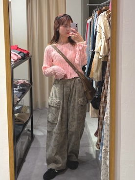 「w closet（ダブルクローゼット）のブークレショートカーディガン（Tシャツ/カットソー、ピンク系）」を使った、yunacode13さん（レディース・160cm）の春コーディネート