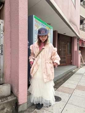 「w closet（ダブルクローゼット）のフリルモッズコート（ブルゾン、ピンク系）」を使った、yunacode13さん（レディース・160cm）の春コーディネート