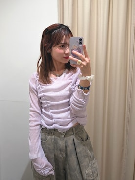 「w closet（ダブルクローゼット）のフロントギャザープルオーバー（Tシャツ/カットソー、パープル系）」を使った、yunacode13さん（レディース・160cm）の春コーディネート